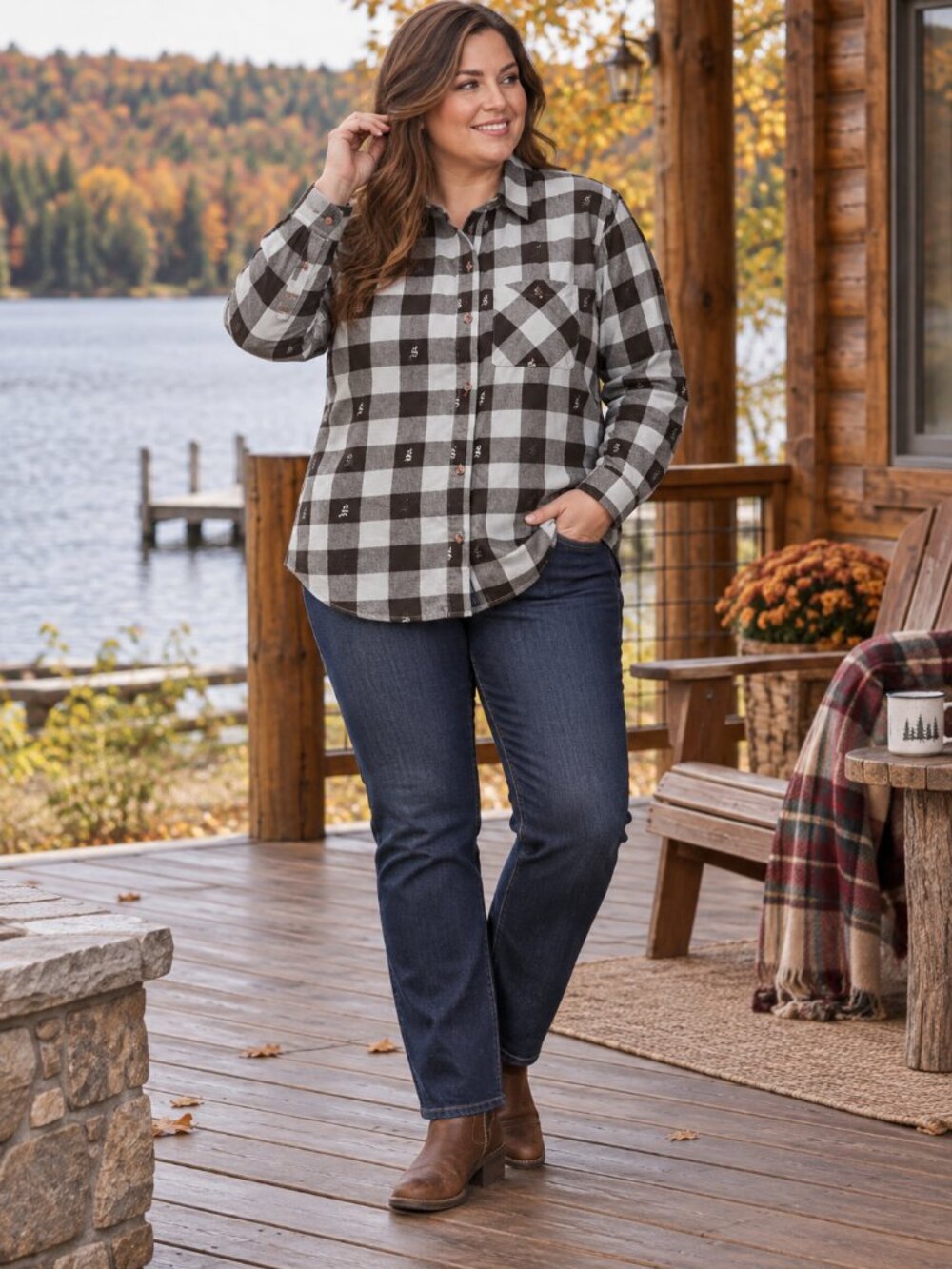 Magellan Outdoors Women’s XL Buffalo Plaid Fish Print Flannel Shirt qo
